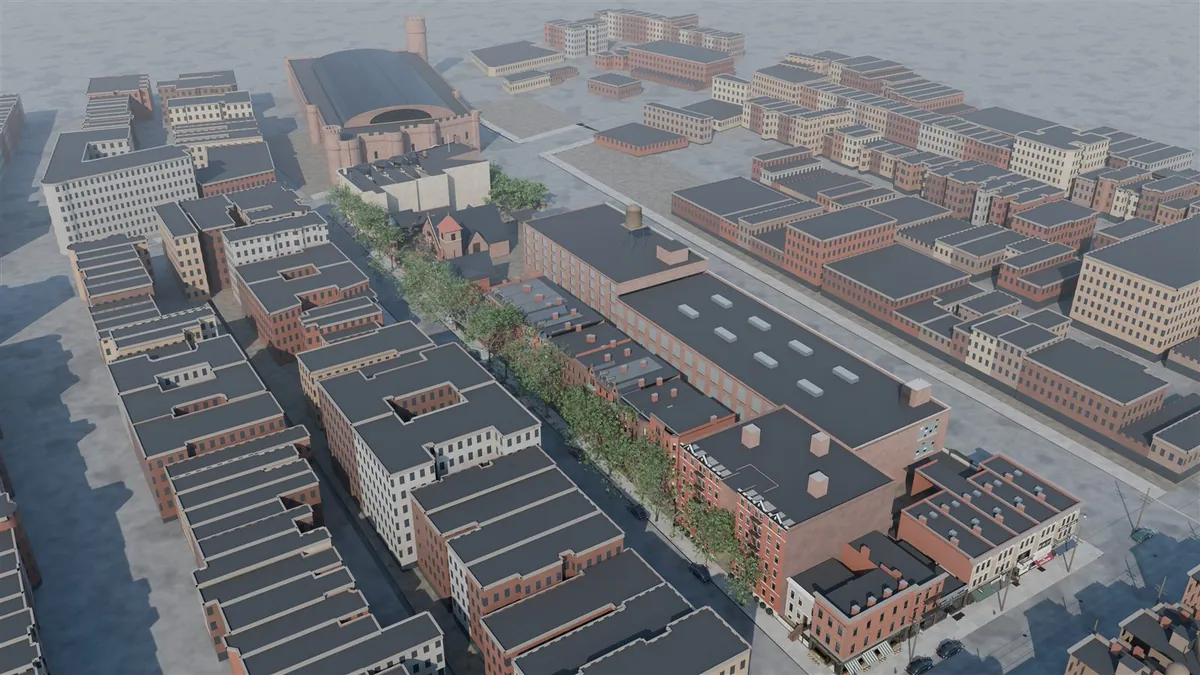 Aerial render of the whole block and its neighbours, with the 23rd Regiment Armory in the distance, a row of street trees, and the long Murray factory roof.