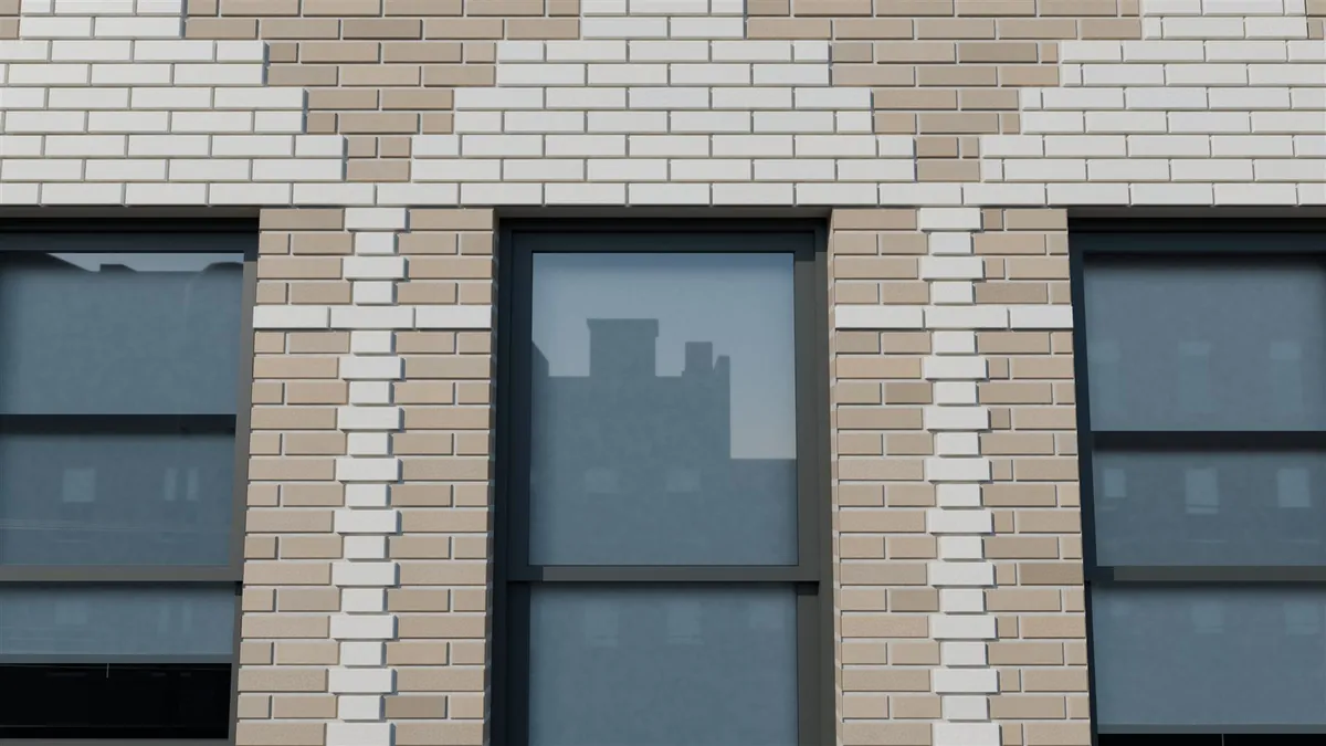 Close-up render of buff brick with white glazed-brick bands and stepped crests between tall windows, every brick a separate unit.