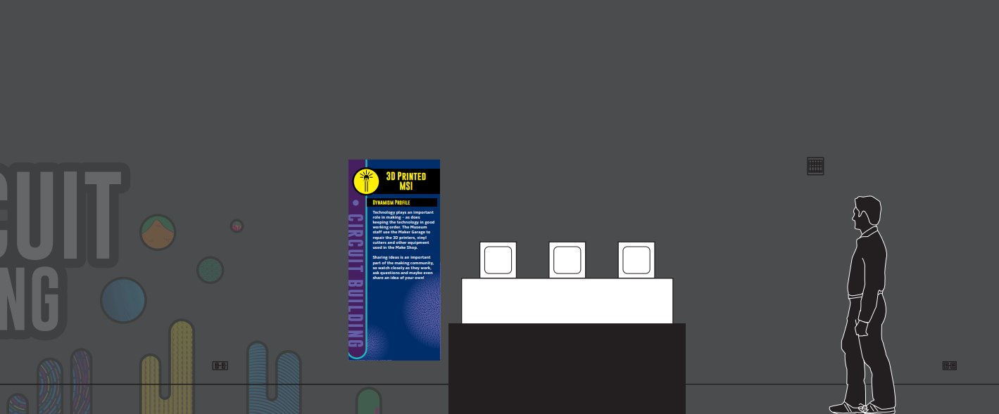 Flat illustration of the exhibit: a black table with three white 3D printers, an informational sign on the left and a person silhouette for scale.