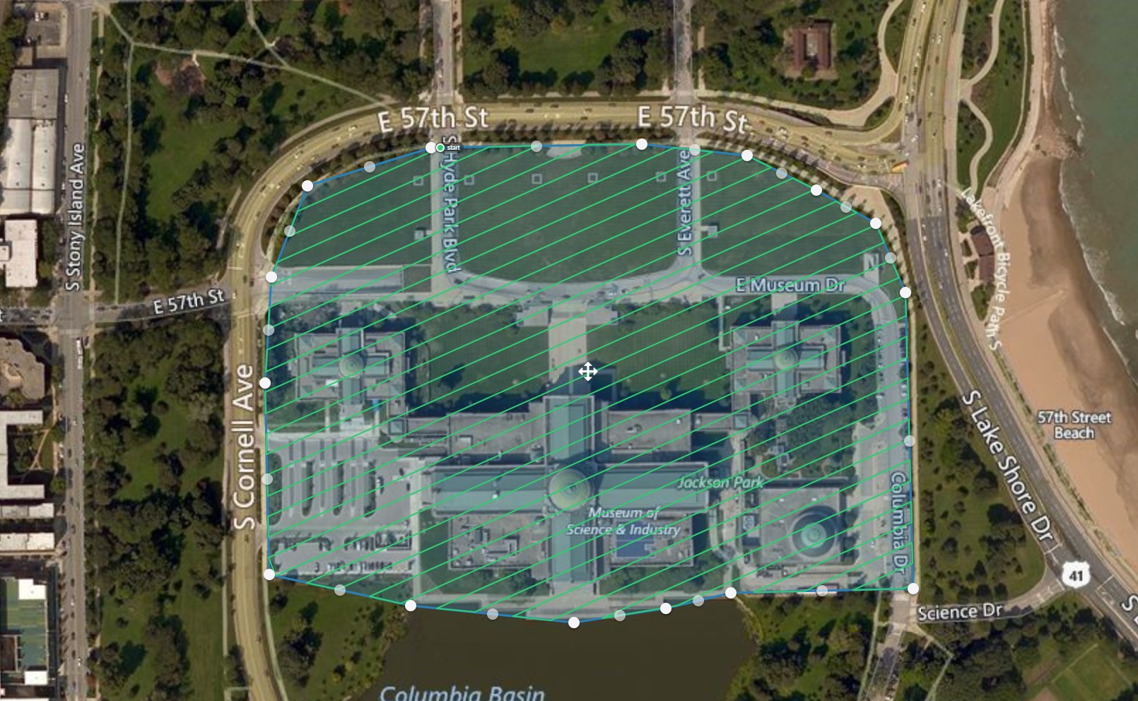 Satellite view of the Museum of Science and Industry overlaid with a grid of automated drone flight lines.