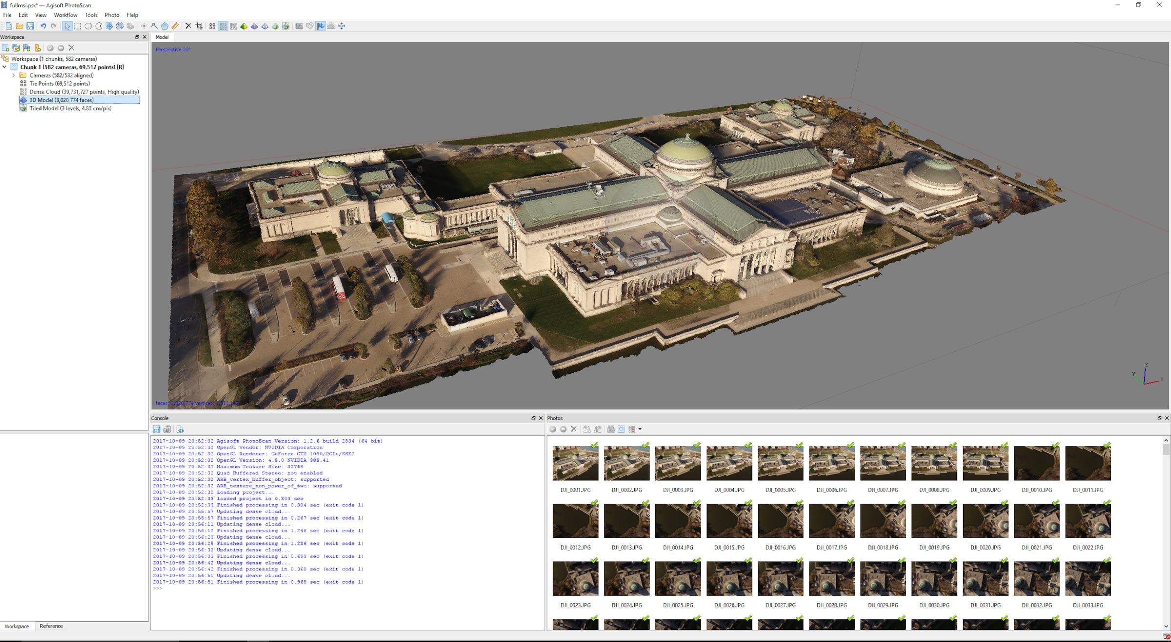 Photogrammetry software window showing a textured 3D model of the Museum of Science and Industry above a strip of source drone photos.