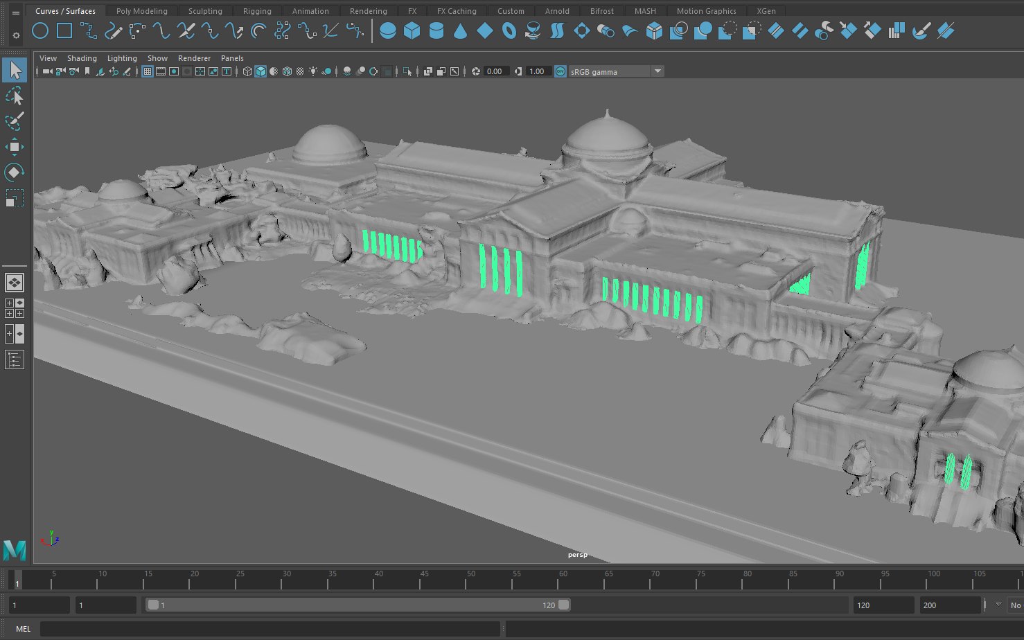 Grey 3D mesh of the museum in modeling software, with some columns highlighted in green where geometry was rebuilt.