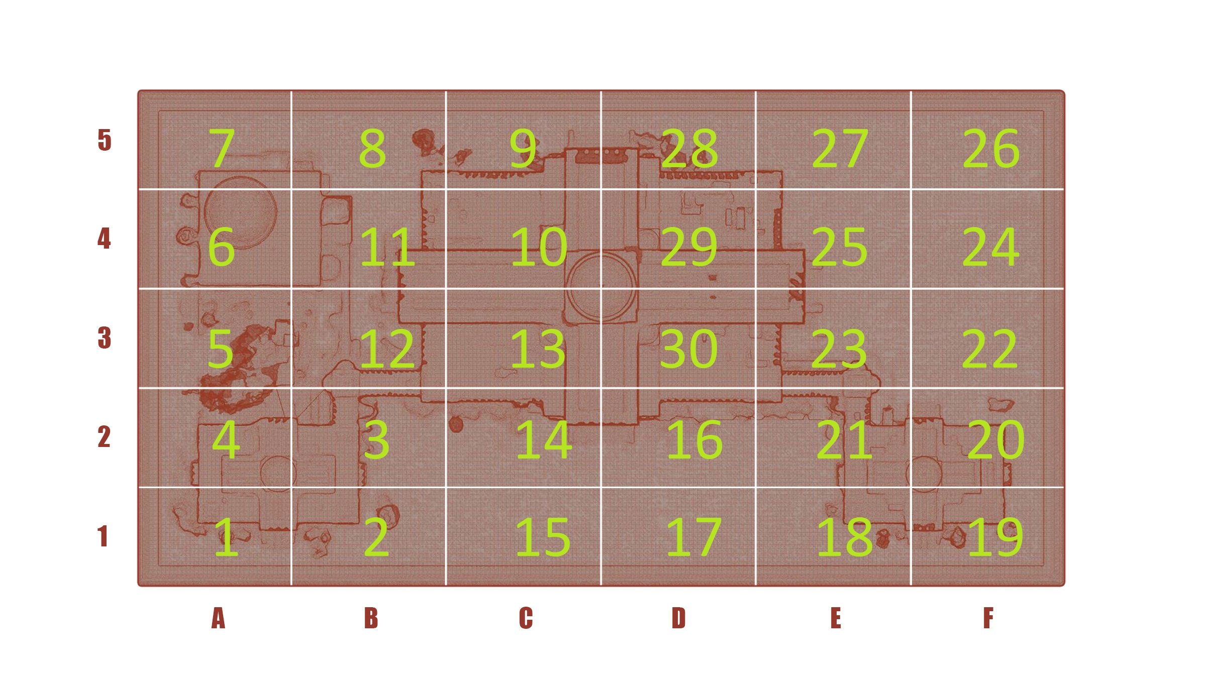Top-down map of the museum model divided into a 6 by 5 grid, columns A to F and rows 1 to 5, each cell labeled with its print-order number from 1 to 30.