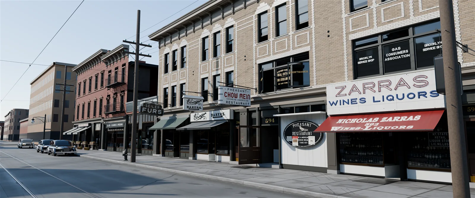 Daytime render along the Nostrand Avenue storefronts on dry pavement: the Zarras Wines and Liquors sign and red awning, the round Pheasant Restaurant sign, Chow Mein, Ebinger Bakers and Seiler Furs signs, with parked cars down the street.