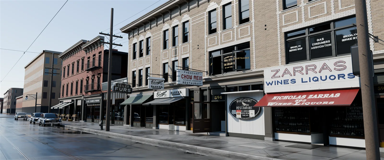 The same storefronts by day after rain: the pavement and sidewalk are wet and shiny, with a puddle by the curb and the parked cars reflected in the street.