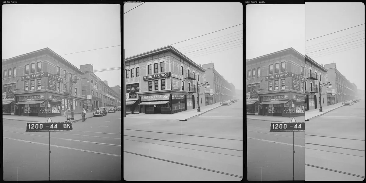 Photo, model and wipe of the Nostrand Avenue corner building with the WINN STUDIO and ABRAHAM'S signs, trolley tracks in the foreground.