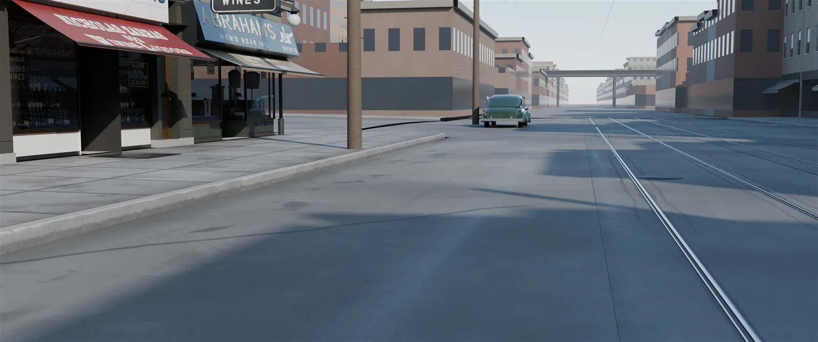 Street-level daytime render of Nostrand Avenue with the trolley tracks, a curb and the Zarras awning, on dry pavement.