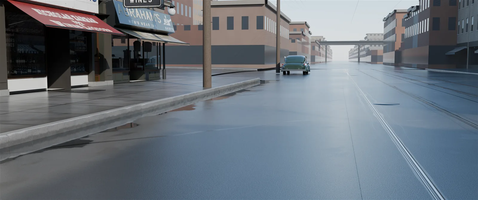 The same Nostrand Avenue view after rain, with wet, reflective pavement and puddles along the curb.