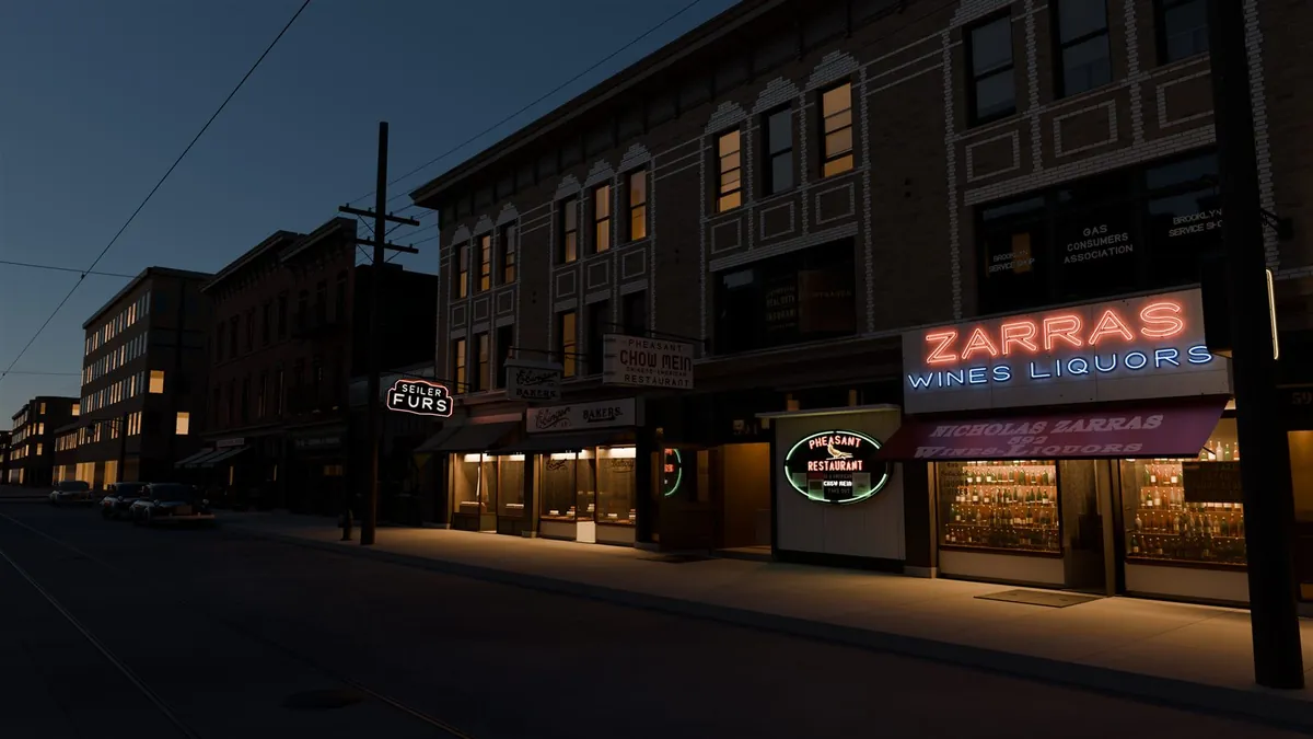 Night street view along Nostrand Avenue: lit apartment windows above glowing neon signs for Seiler Furs, the Pheasant Restaurant and Zarras, with trolley tracks and a utility pole.