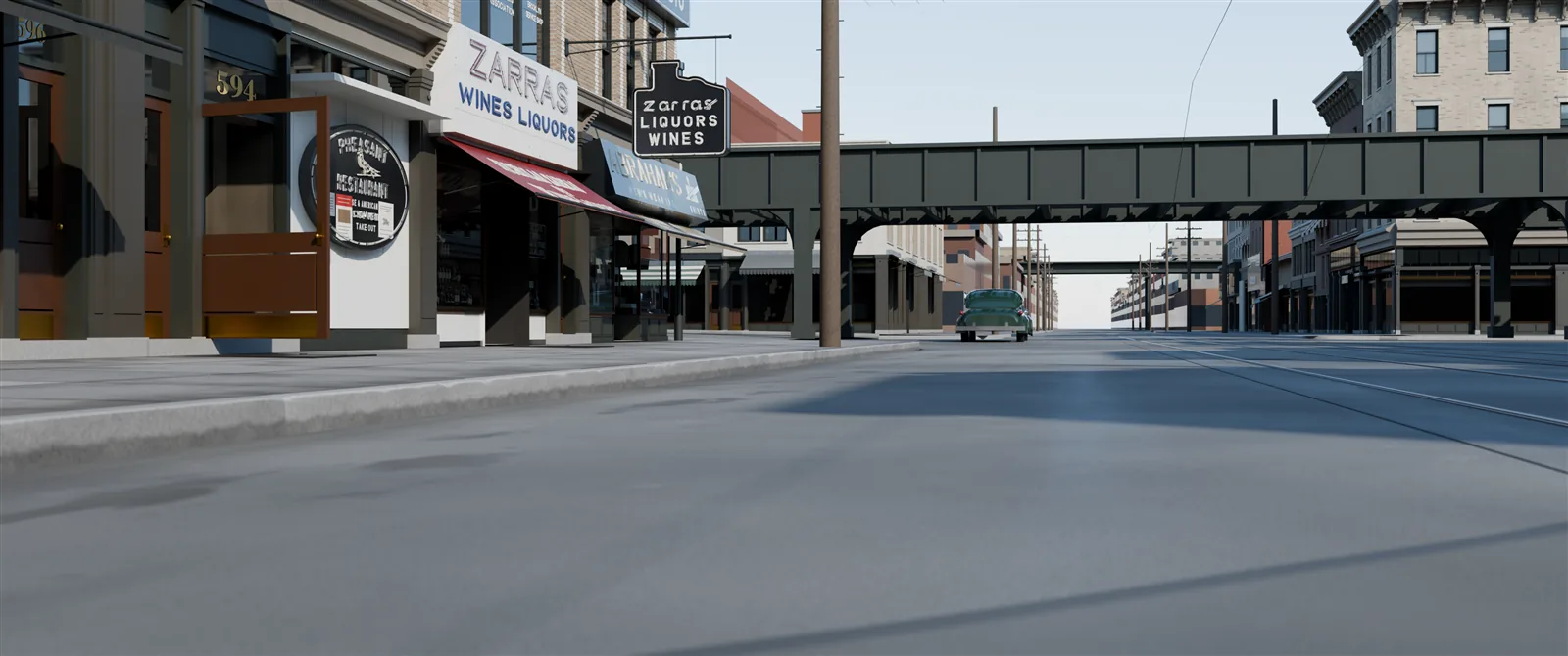 Low street-level daytime render of Nostrand Avenue on dry pavement: the Zarras Wines and Liquors signs and a round restaurant sign on the left, and the elevated LIRR structure crossing the street ahead.