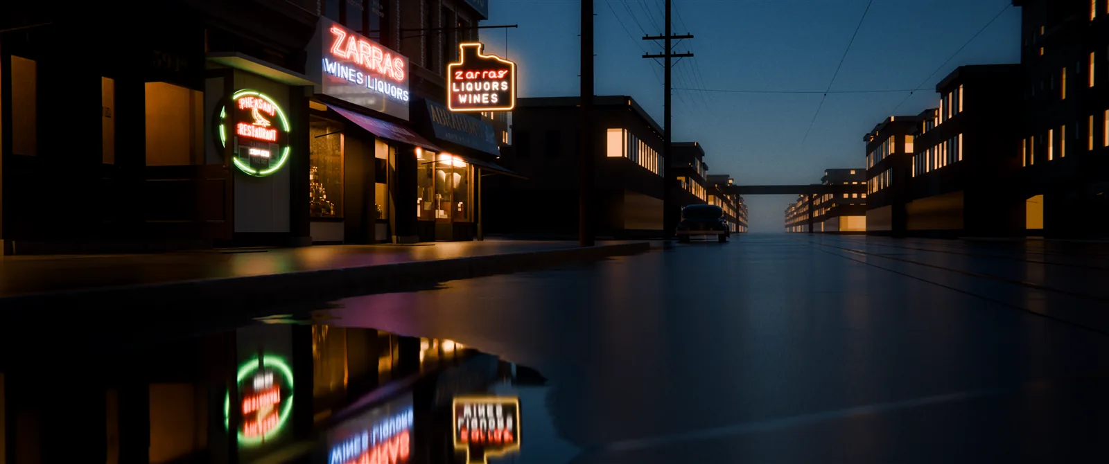 Night render from street level on Nostrand Avenue: the Zarras and Pheasant Restaurant neon signs reflected in a puddle in the wet street.