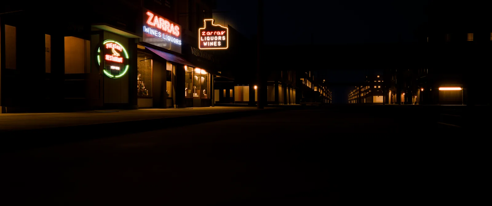 The same view at night on dry pavement: the red Zarras neon and the green-ringed round sign glow above dark storefronts, with a few lit windows down the street.