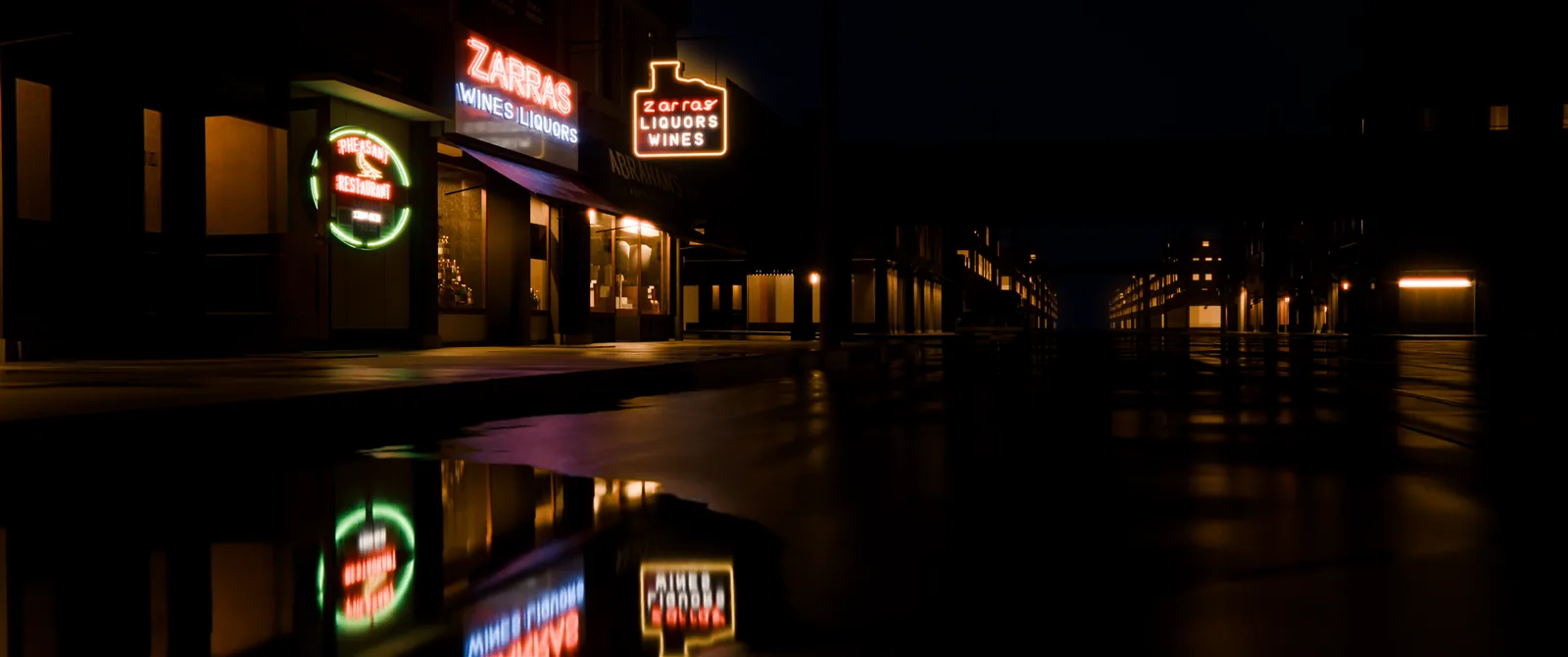 The same view at night after rain: the Zarras neon and the green-ringed sign are reflected in the puddle, and lit windows streak the wet street.