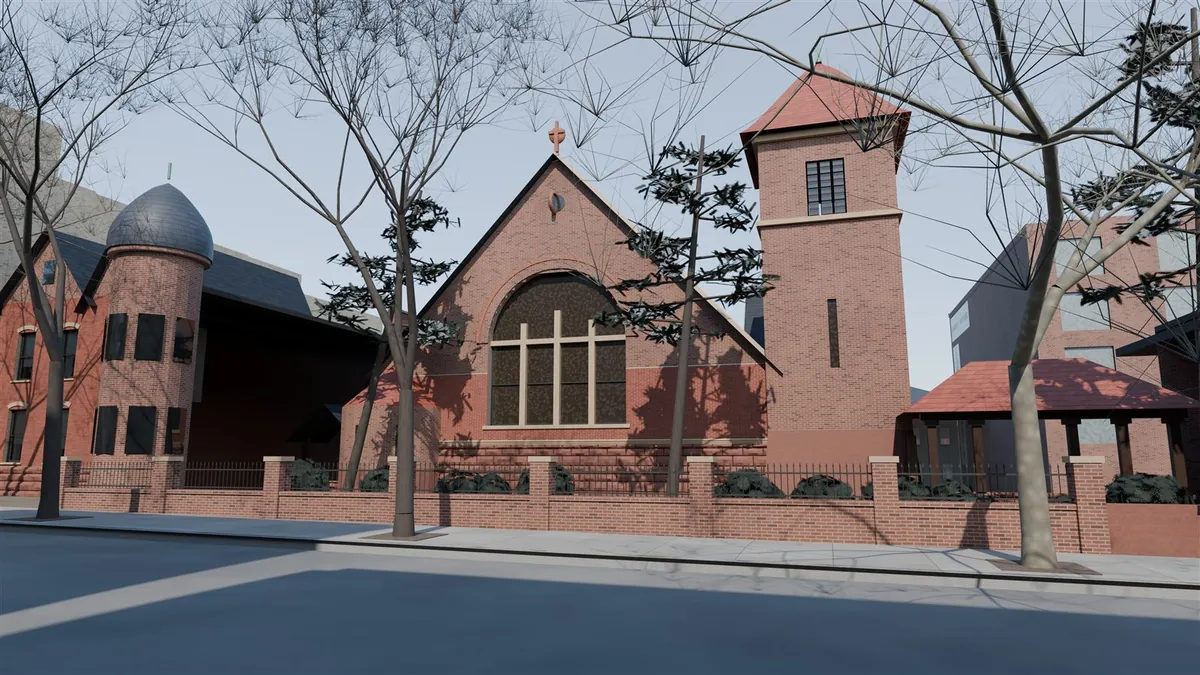 Render of St. Bartholomew's Church: red brick front gable with a great round-arched window, a square tower with a tile roof, a round corner turret, and a brick churchyard wall behind bare street trees.
