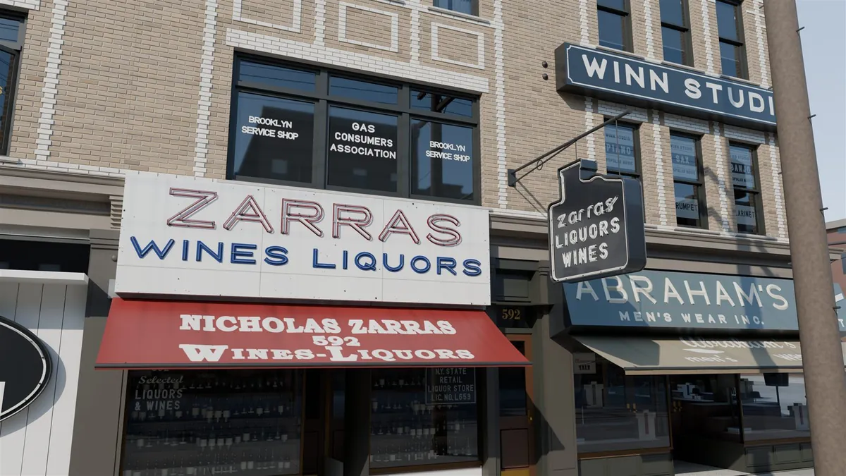Daytime render of the Nicholas Zarras Wines–Liquors storefront: the ZARRAS board with unlit neon tubes, a red awning, the bottle-shaped hanging sign, and the Winn Studio and Abraham's Men's Wear signs beside it.